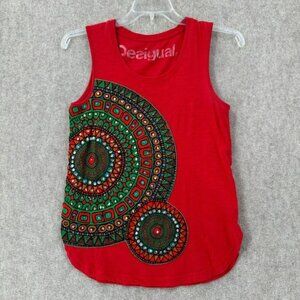 Desigual‎ Tank Top SMALL Artsy Sleeveless Vacation Resort wear Red Bling